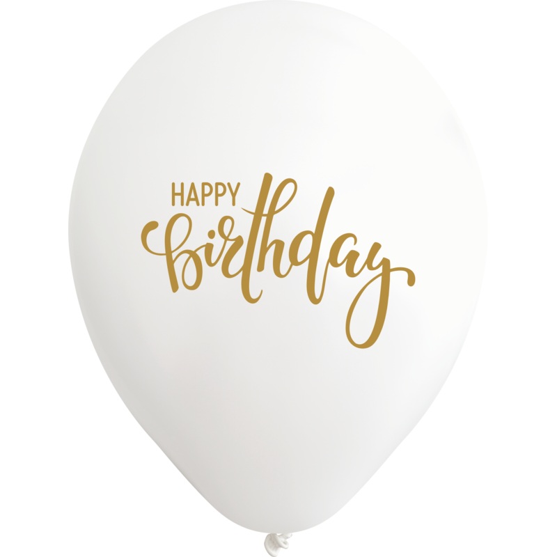 12" Happy Birthday White Balloon Gold Print Latex Balloons (25 Per Bag) 2 Side Print