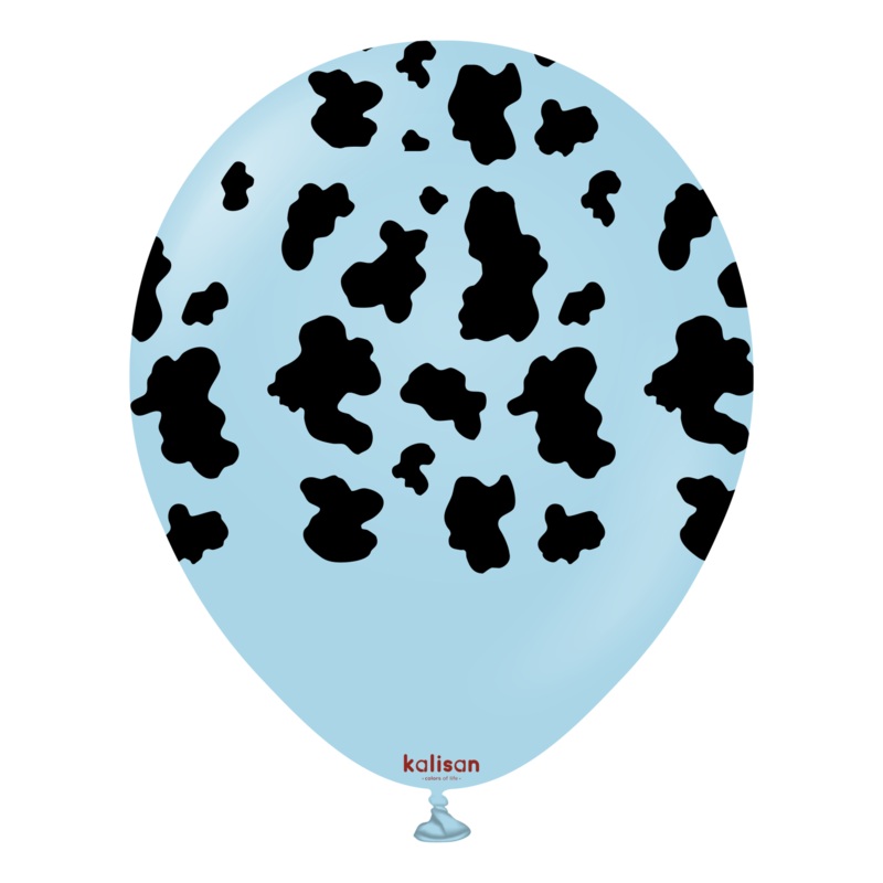 12" Kalisan Printed Cow Macaron Blue (Print Color: Black) (25 Per Bag) Latex Balloons