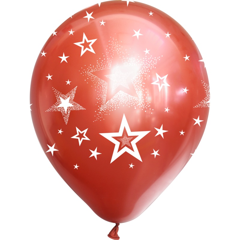 12" Mirror Stars All Around Red Latex Balloons (25 Per Bag) 5 Side Print