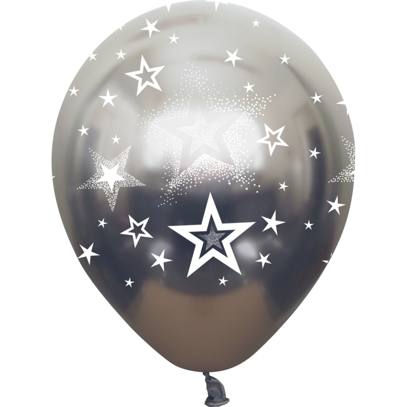 12" Mirror Stars All Around Space Grey Latex Balloons (25 Per Bag) 5 Side Print