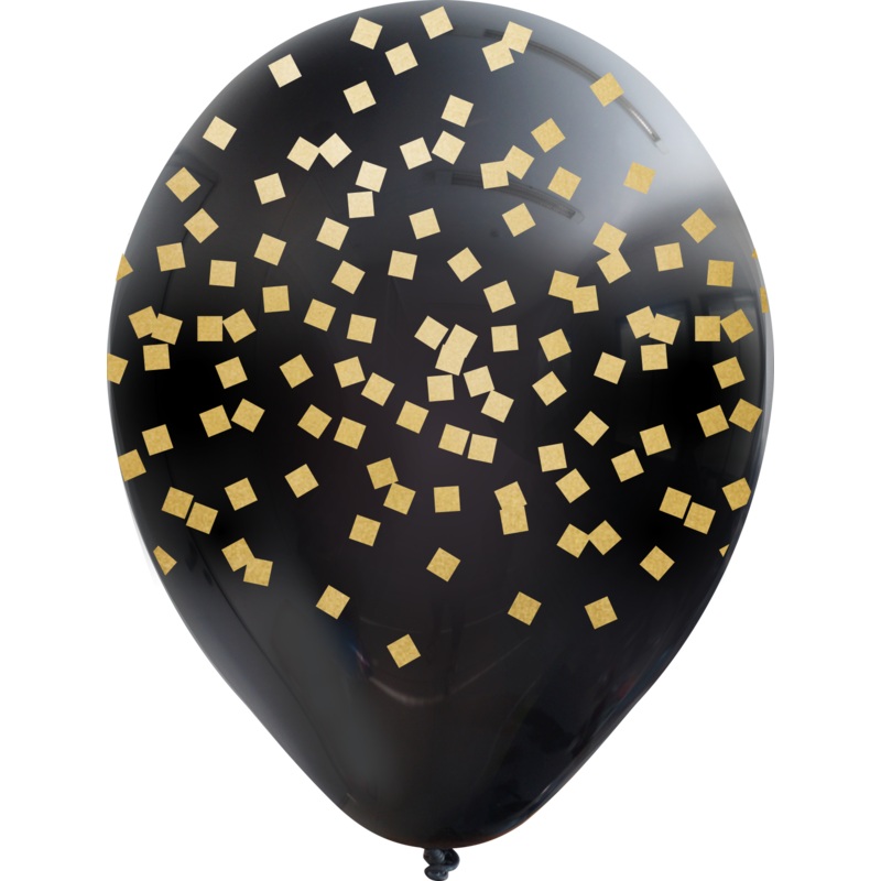12" Black Squares All Around Assorted Gold Print Latex Balloons (25 Per Bag) 5 Side Print