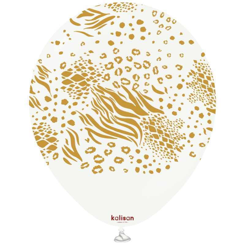 12" Kalisan Safari Mutant White (Printed Gold-(25 Per Bag) Latex Balloons