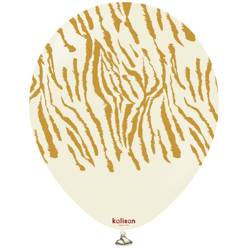 12" Kalisan Safari Tiger White Sand (Printed Gold-(25 Per Bag) Latex Balloons