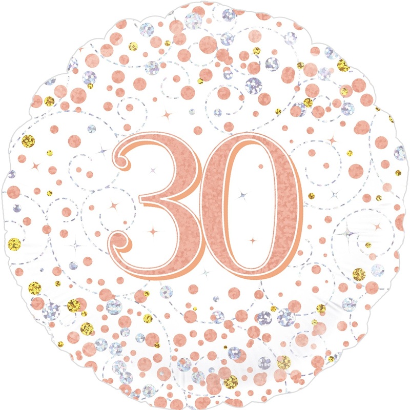 18" 30th Sparkling Fizz Birthday White & Rose Gold Holographic Oaktree Foil Balloon