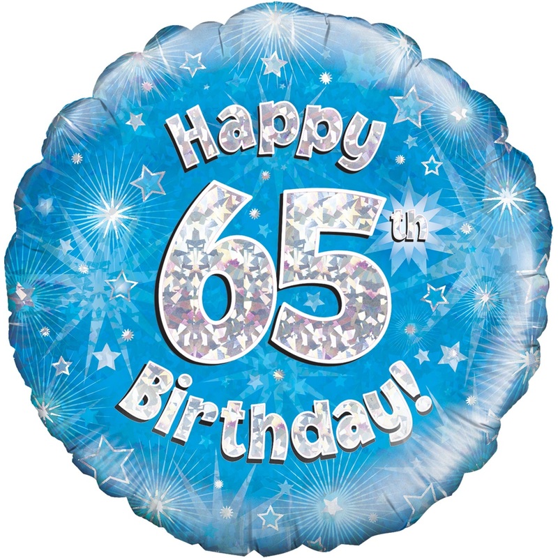 18" Happy 65th Birthday Blue Holographic Oaktree Foil Balloon