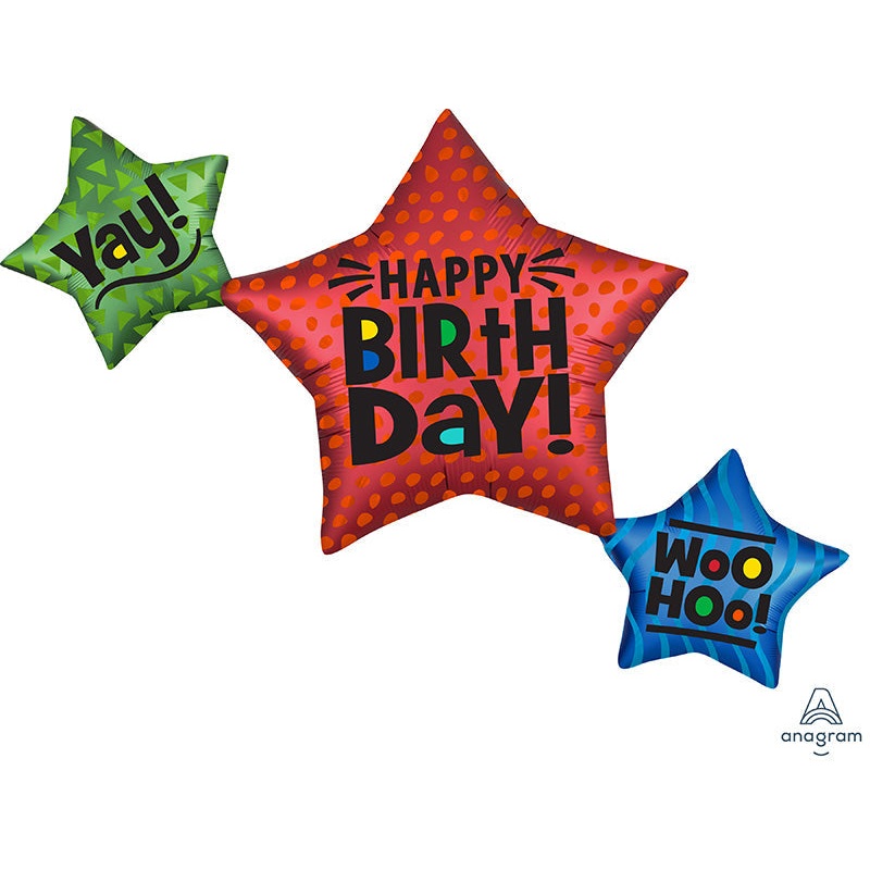 29" Satin Star Trio Birthday SuperShape Foil Balloon