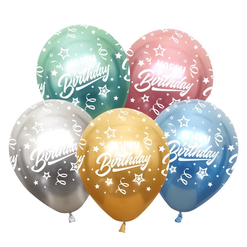 12" Mirror Happy Birthday All Around Assorted Latex Balloons (25 Per Bag) 5 Side Print