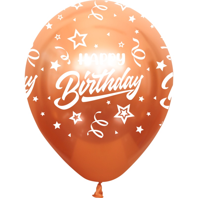 12" Mirror Happy Birthday All Around Copper Latex Balloons (25 Per Bag) 5 Side Print