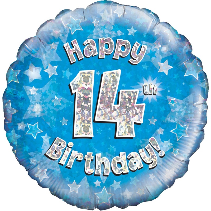 18" Happy 14th Birthday Blue Holographic Oaktree Foil Balloon