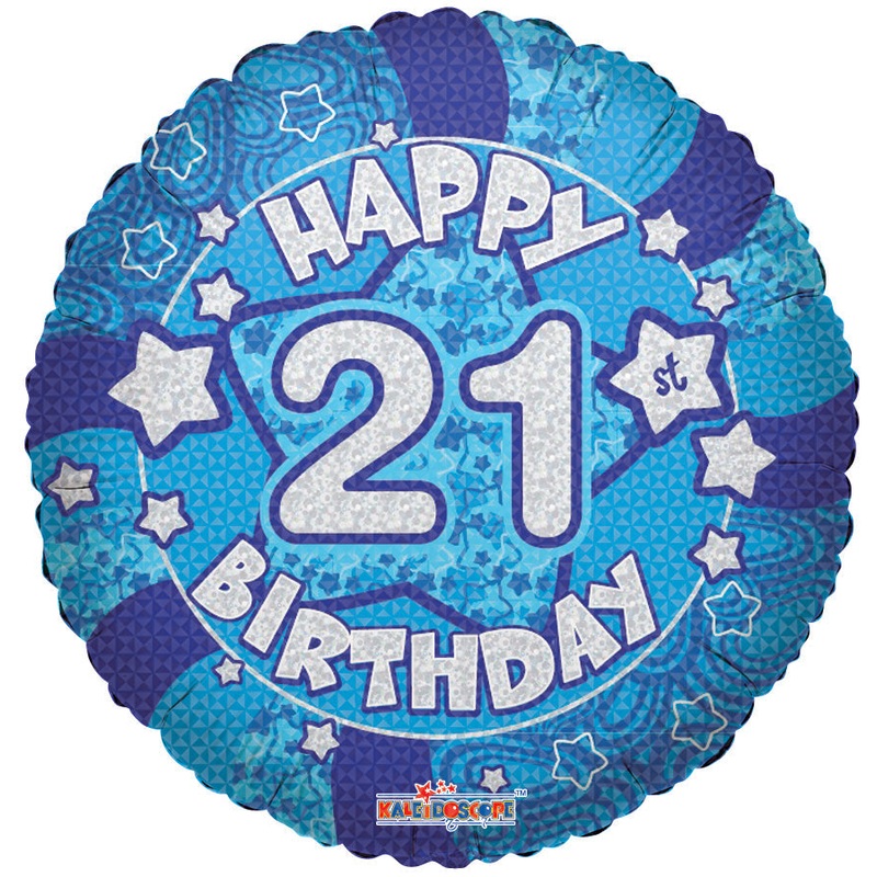 18" Holographic Blue Happy 21st Birthday Balloon