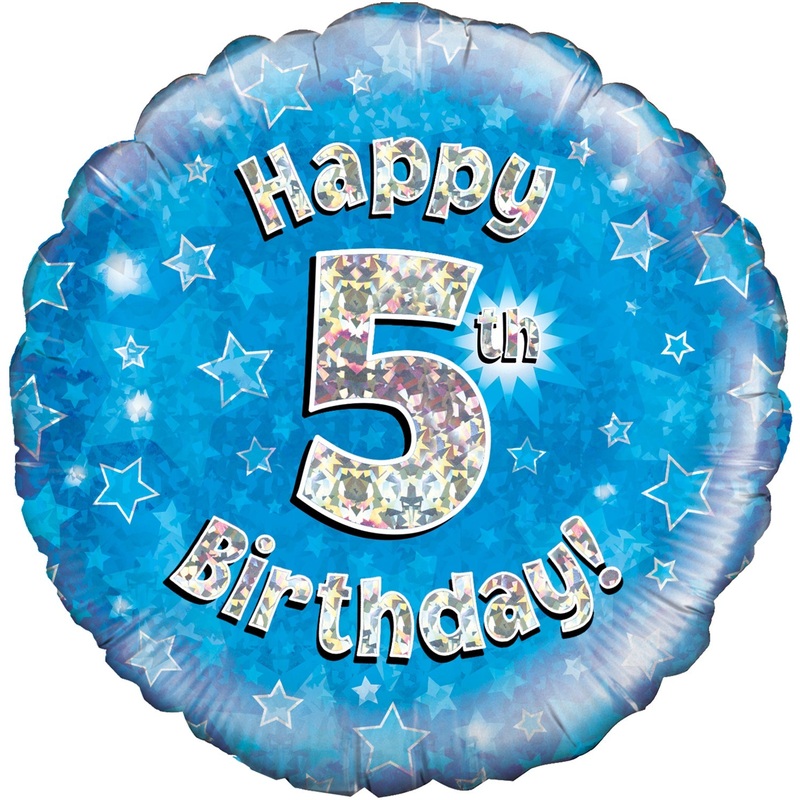 18" Happy 5th Birthday Blue Holographic Oaktree Foil Balloon