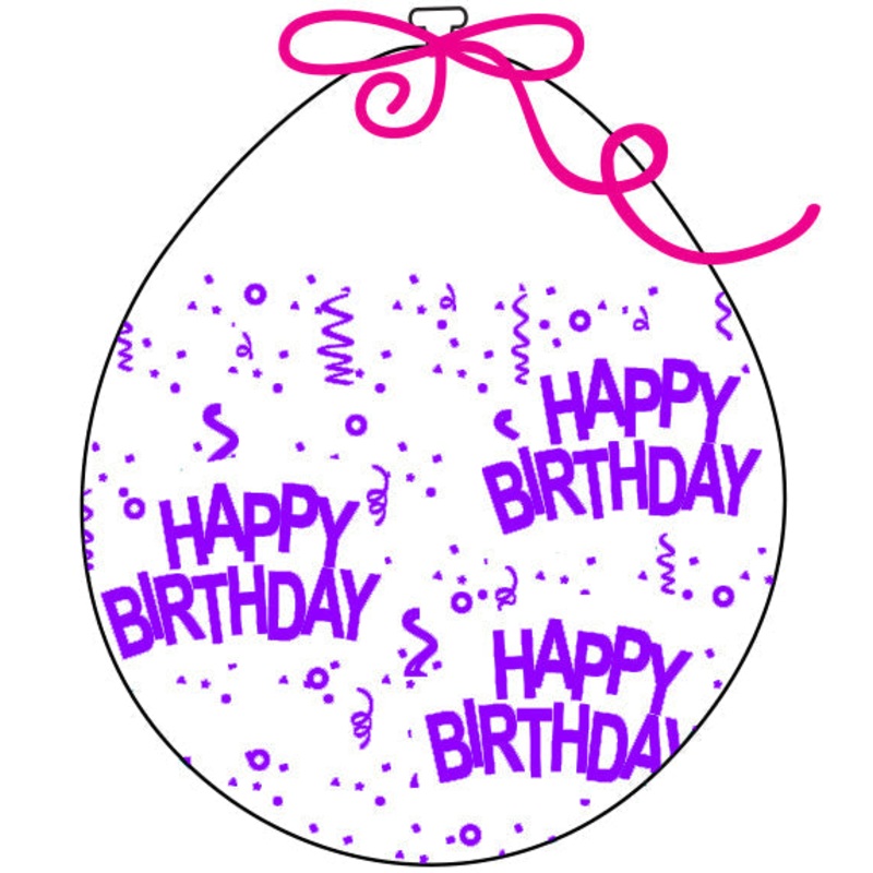 18" Latex Stuffing Balloons (25 Per Bag) Decomex Clear HAPPY BIRTHDAY with VIOLET INK