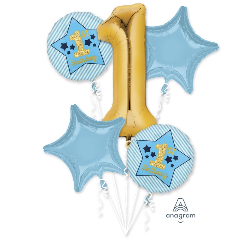 Bouquet Boy 1st Birthday Blue & Gold Foil Balloon
