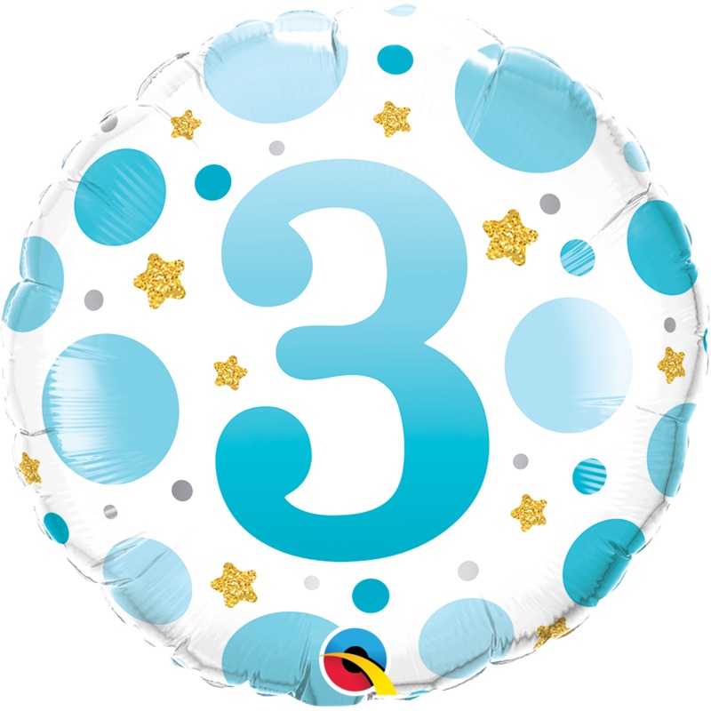 18" Round Age 3 Blue Dots Foil Balloon