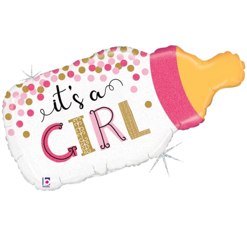 33" Shape Holographic Confetti Baby Bottle Girl Foil Balloon
