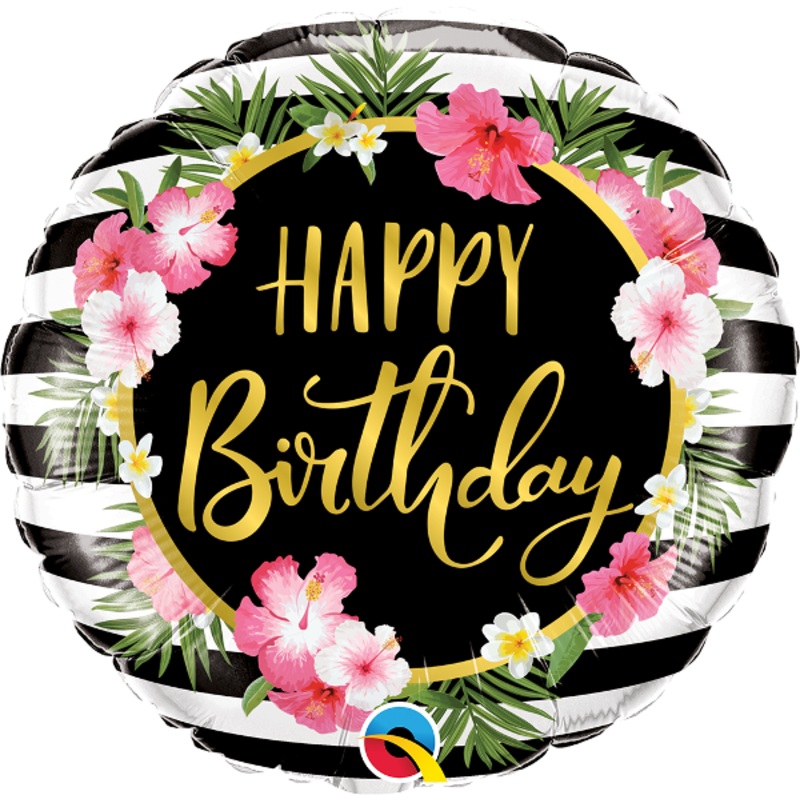 18" Birthday Hibiscus Stripes Foil Balloon