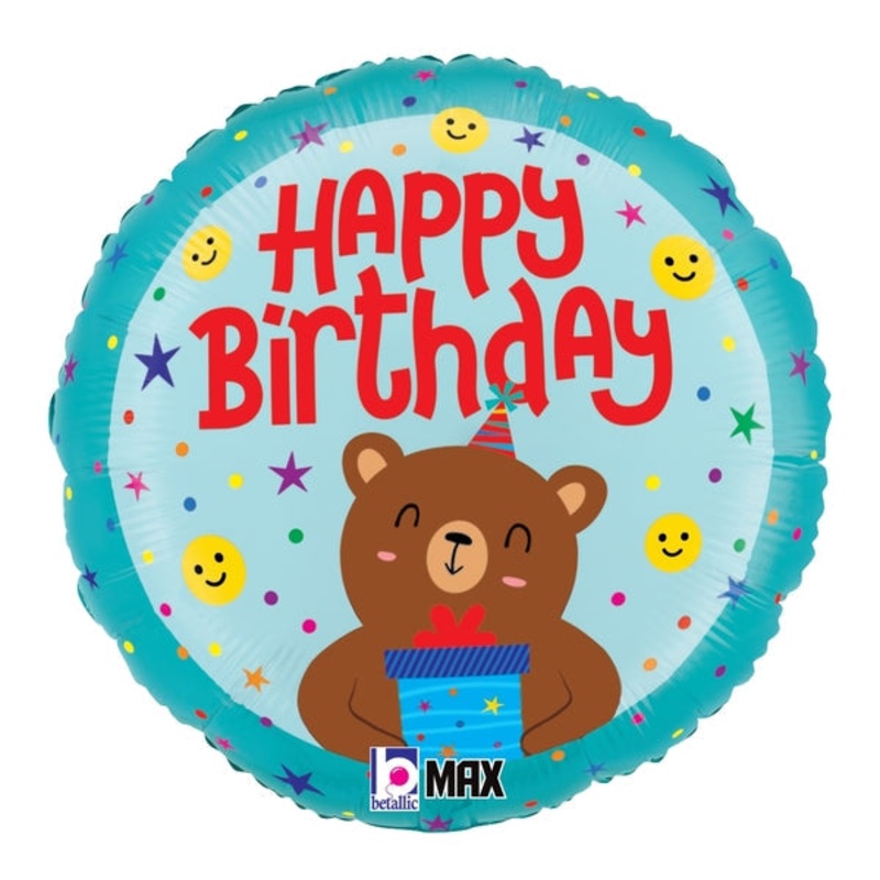 18" Birthday Smiley Bear Foil Balloon
