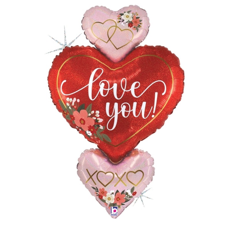 30" Glitter Holographic Shape Floral Love Heart Trio Foil Balloon