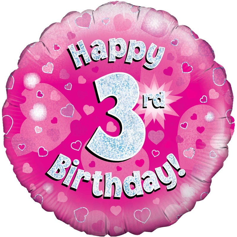 18" Happy 3rd Birthday Pink Holographic Oaktree Foil Balloon