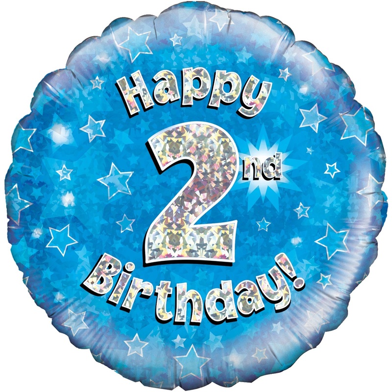 18" Happy 2nd Birthday Blue Holographic Oaktree Foil Balloon