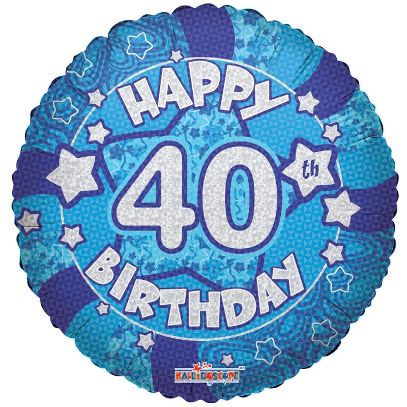 18" Holographic Blue Happy 40th Birthday Balloon