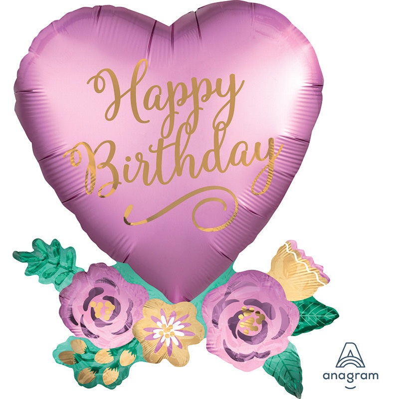 30" Jumbo Birthday Satin Heart with Flowers Foil Balloon