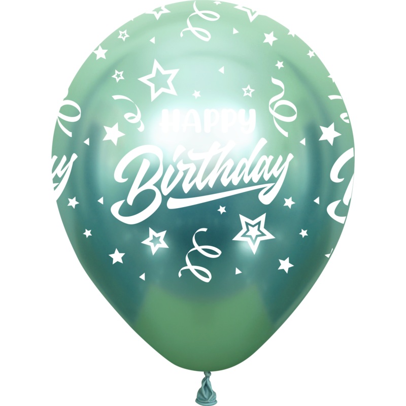 12" Mirror Happy Birthday All Around Green Latex Balloons (25 Per Bag) 5 Side Print