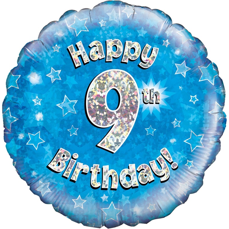 18" Happy 9th Birthday Blue Holographic Oaktree Foil Balloon