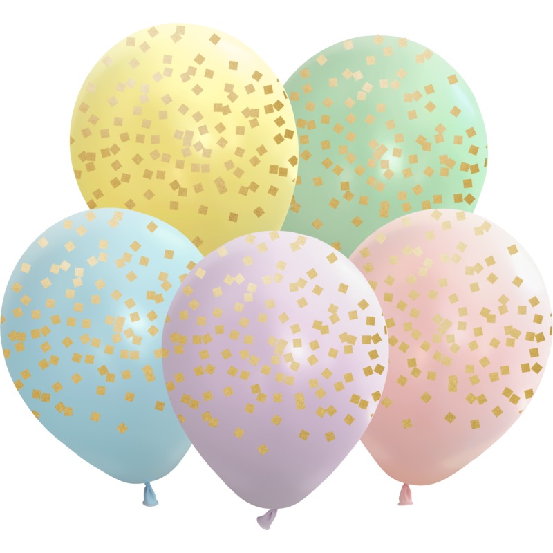 12" Macaron Squares All Around Assorted Gold Print Latex Balloons (25 Per Bag) 5 Side Print
