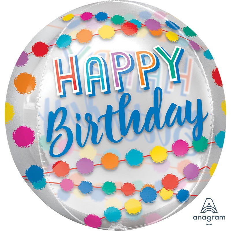 16" Happy Birthday Rainbow Puffs Orbz Clear Foil Balloon