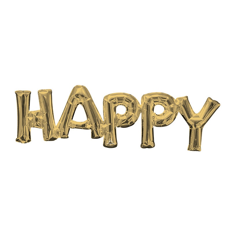 30" Wide Airfill Only Block Phrase " HAPPY" White Gold Foil Balloon