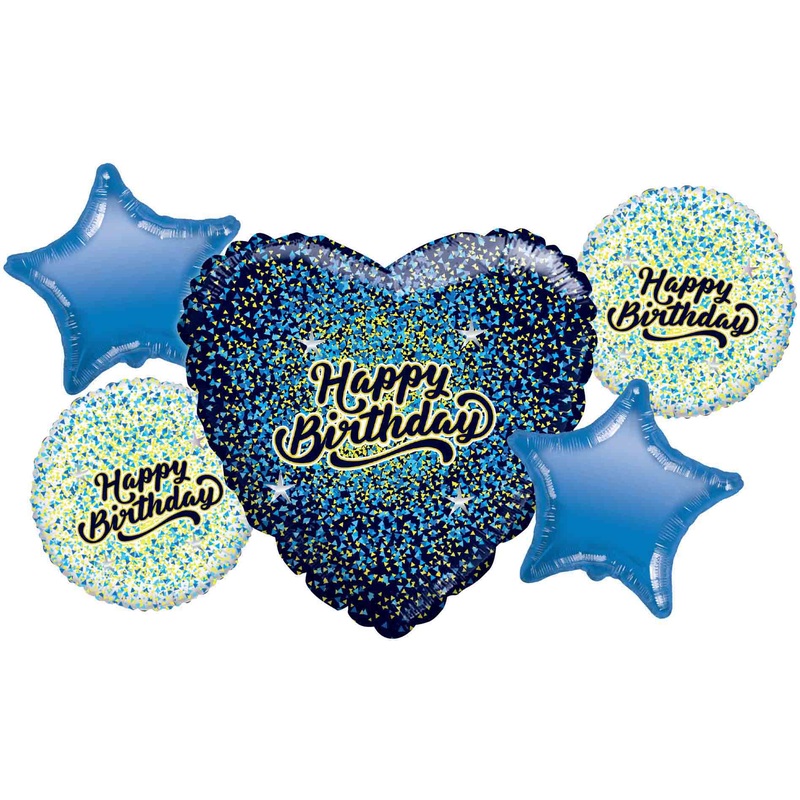 Bouquet 5pc Happy Birthday Black/Gold/Blue Foil Balloon