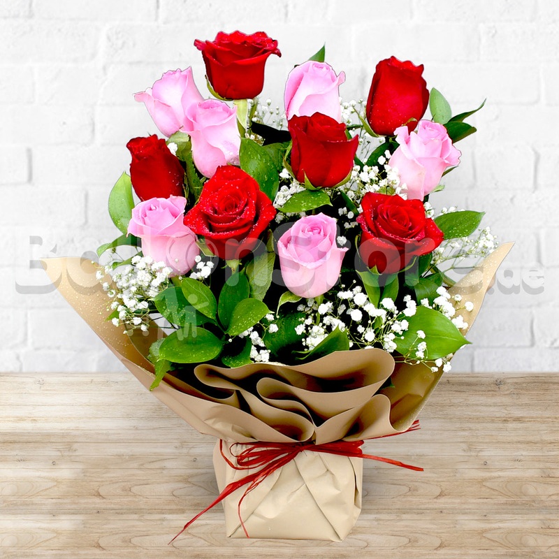 12 Mixed Pink &  Red Roses Simple Arrangement - valentine fresh flower arrangements Dubai