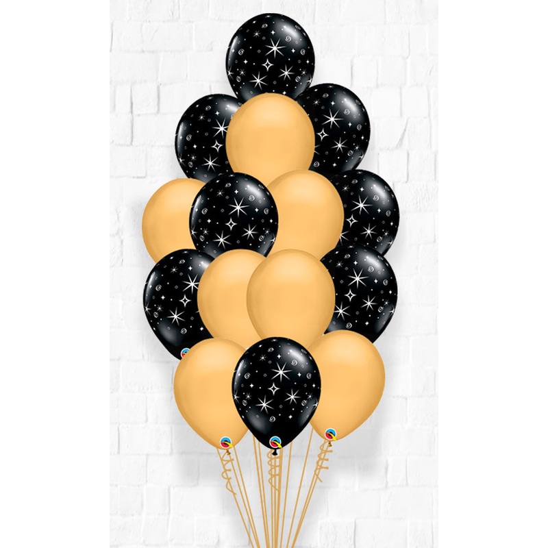 Black Sparkle and Gold Balloon Bouquet - 15pcs