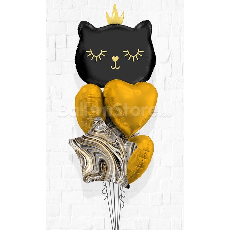 Classic Cattie Black & Golden Crown All Foil Balloon Bouquet