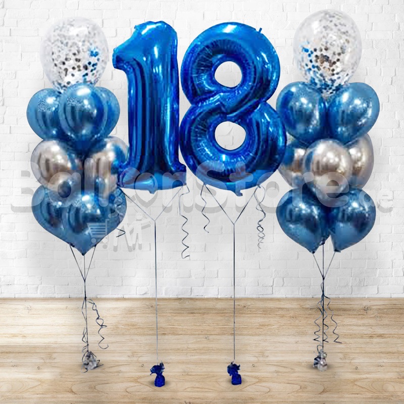 Any Two Number Blue Confetti Balloon Bouquet SET with Weights