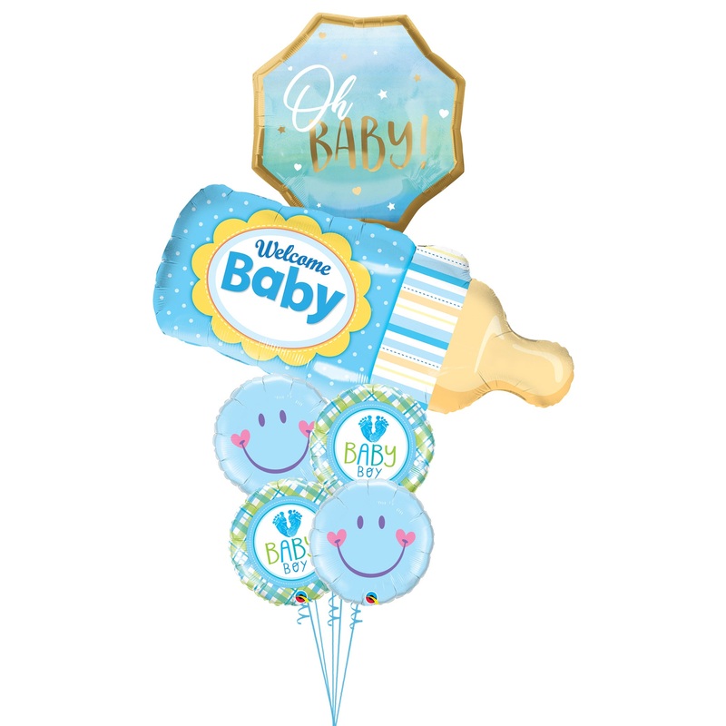 Blue Baby Boy Bottle Smiley Balloon Bouquet With Weight