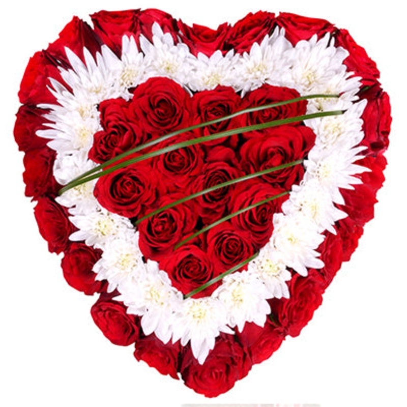 Chrysanthemum & Red Roses Heart Box Flower Arrangement