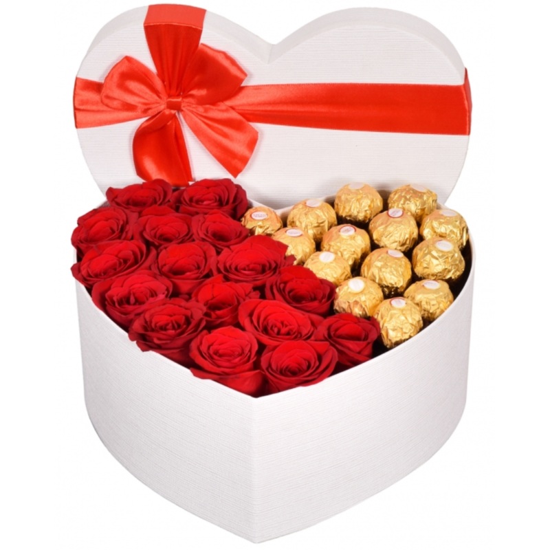 Roses and Ferrero in White Heart Box