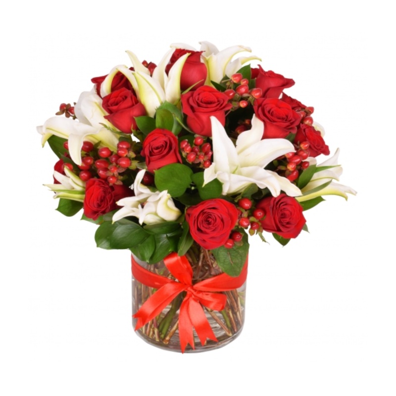 24 Red Roses with White Lilies in Vase