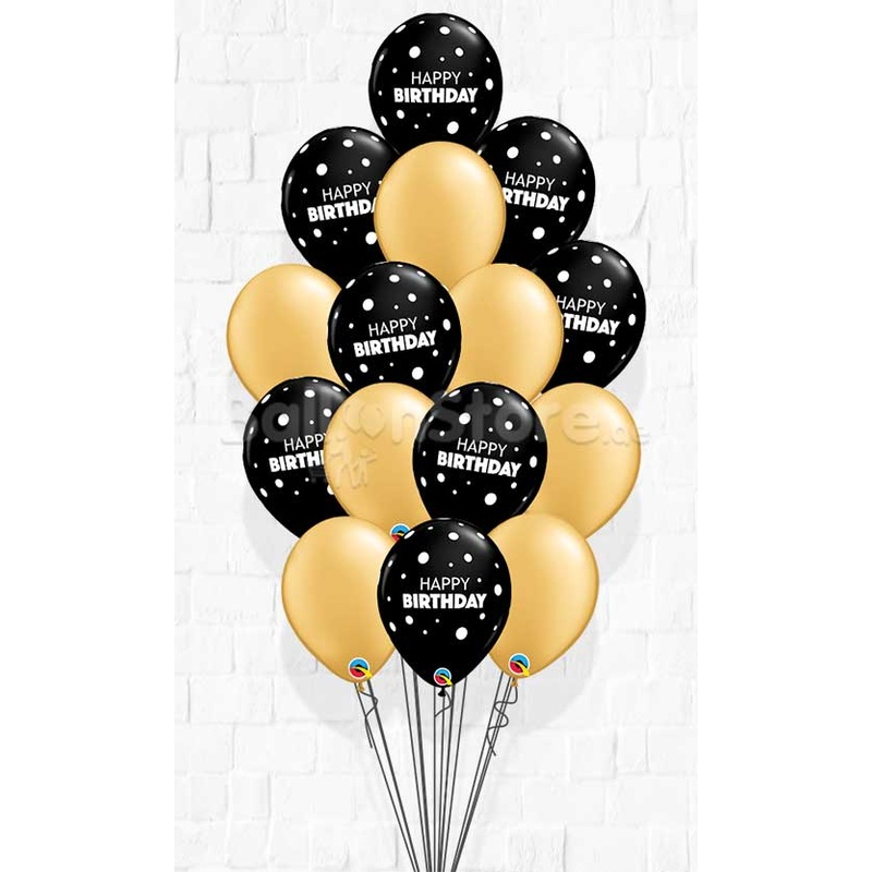 Birthday Big & Little Polka Black / Gold Balloon Bouquet - 15count