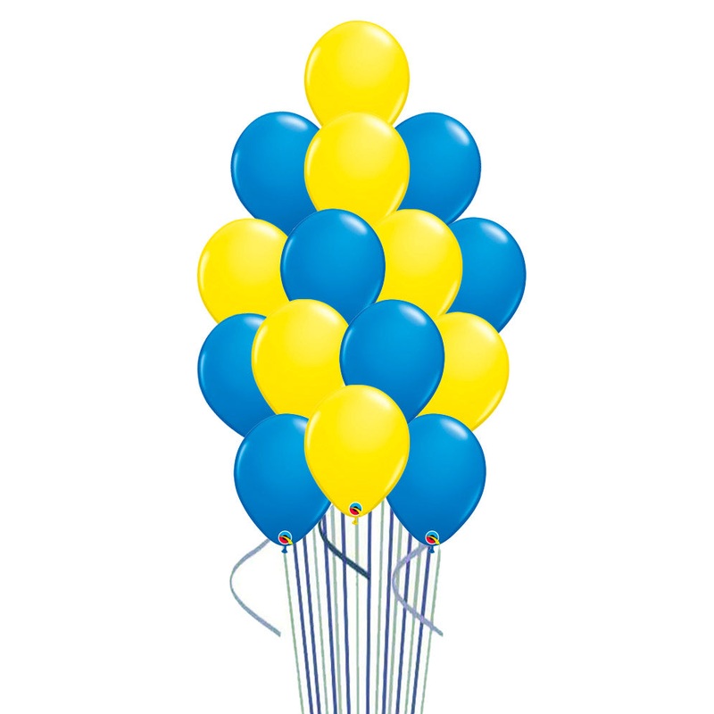 Dark Blue and Yellow Latex Bouquet 15pcs with Hi-Float and weigh