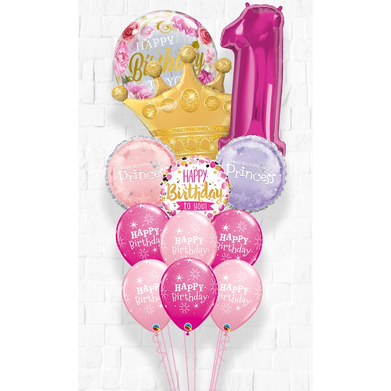 Golden Crown and Princess Tiara 1st Birthday Pink Big Bouquet