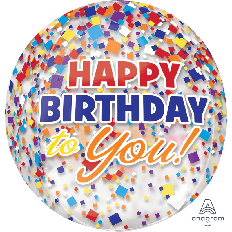 HBD Clear Confetti Orbz Round Balloon