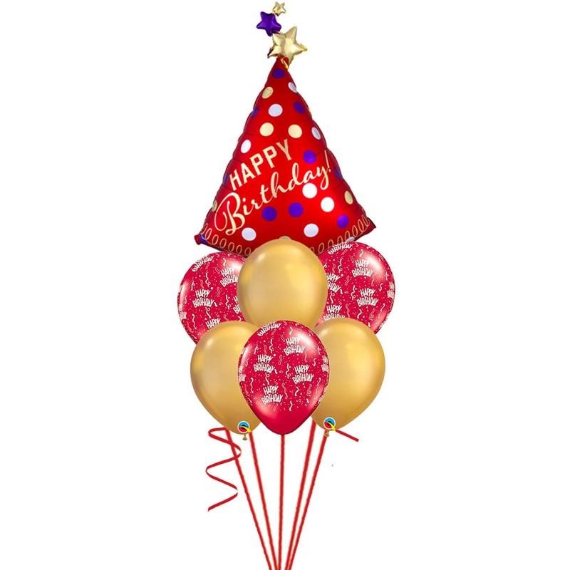 Red Party Hat Satin Chrome Bday All-A-Round Balloon Bouquet