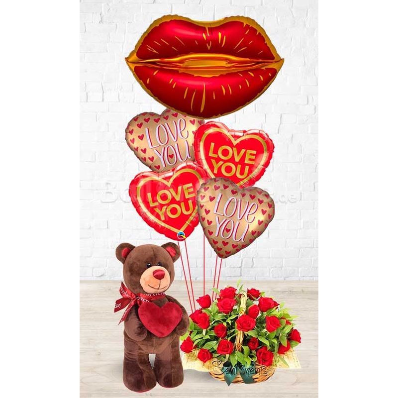 Satin Smoochy Lips Big Teddy Basket of Love  Combo - 3 in 1