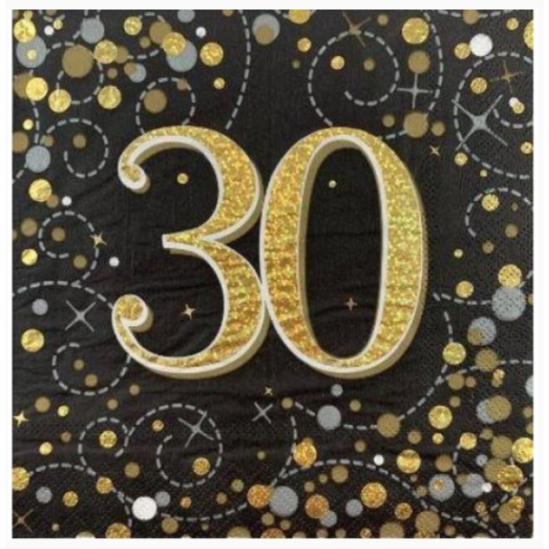 Napkins 30th Black/Gold Sparkling Fizz