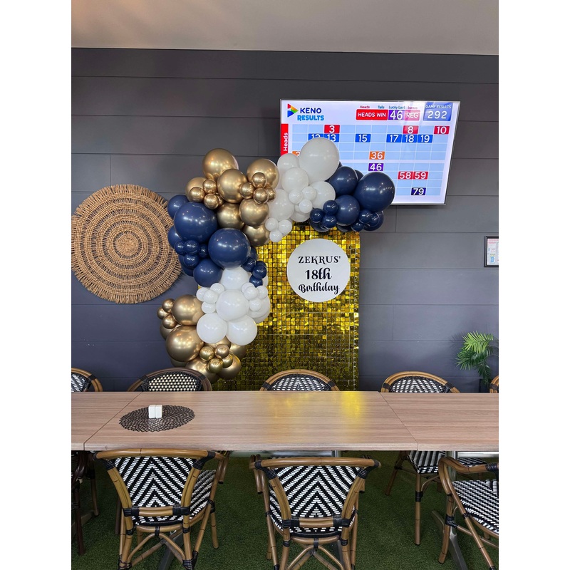 Shimmer Wall Hire - Gold with Balloon Garland