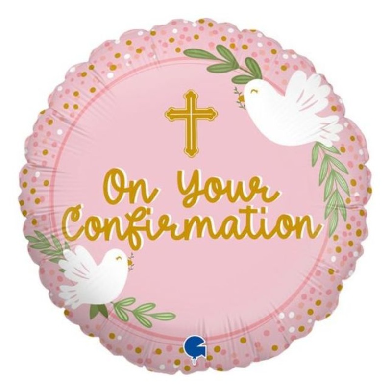 18" On Your Confirmation Pink Foil Balloon Packaged