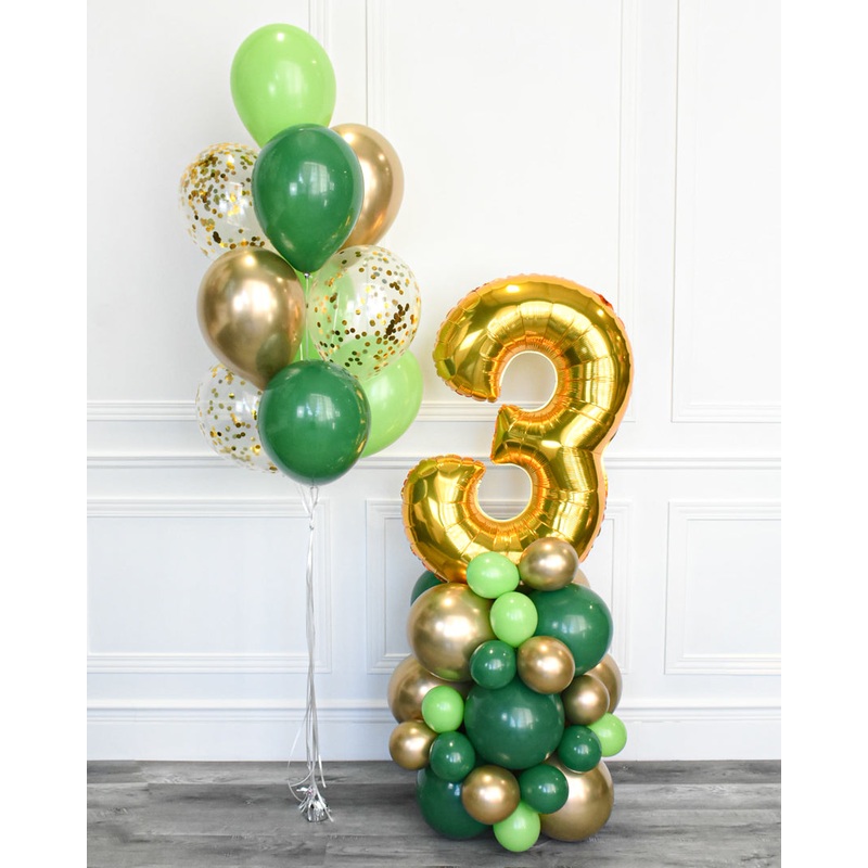 Green and Gold - Confetti Balloon Bouquet and Number Balloon Column